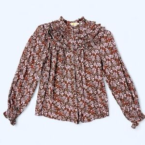 Boden Floral Ruffle Long Sleeve Blouse Brown Purple Cottagecore Boho Prairie